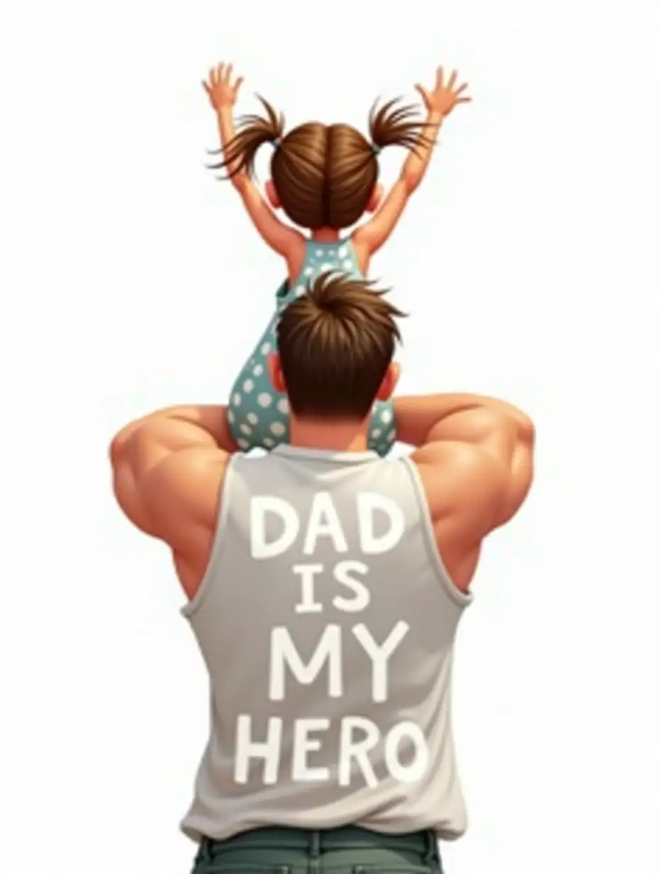 A cartoon caricature illustrative image depicting a strong man with short hair and a muscular build, facing away from the viewer. A young girl with brown hair, wearing a polka dot dress, sits enthusiastically on his shoulders, her arms raised in joy. The man's sleeveless shirt features the text DAD IS MY HERO in white playful, bold lettering. The background is a white, evoking a cheerful and uplifting atmosphere. Watercolor 3D