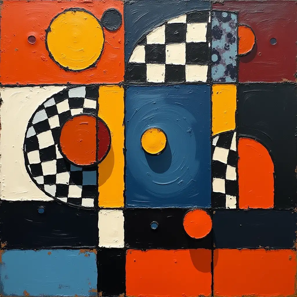 user_prompt: A checkered pattern painting, stripe, primitively schematic, minimalism, avant-garde, smile darkness in the style of Kandinsky, Malevich, simplified for a beginner artist with acrylic many colors, constructivism abstract