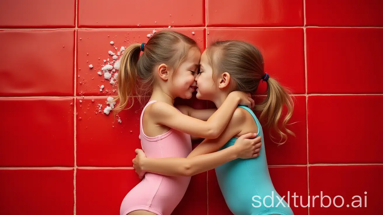 Little-Girls-Hugging-Each-Other-While-Soaping-Up-with-Loofah-on-Red-Tile-Floor