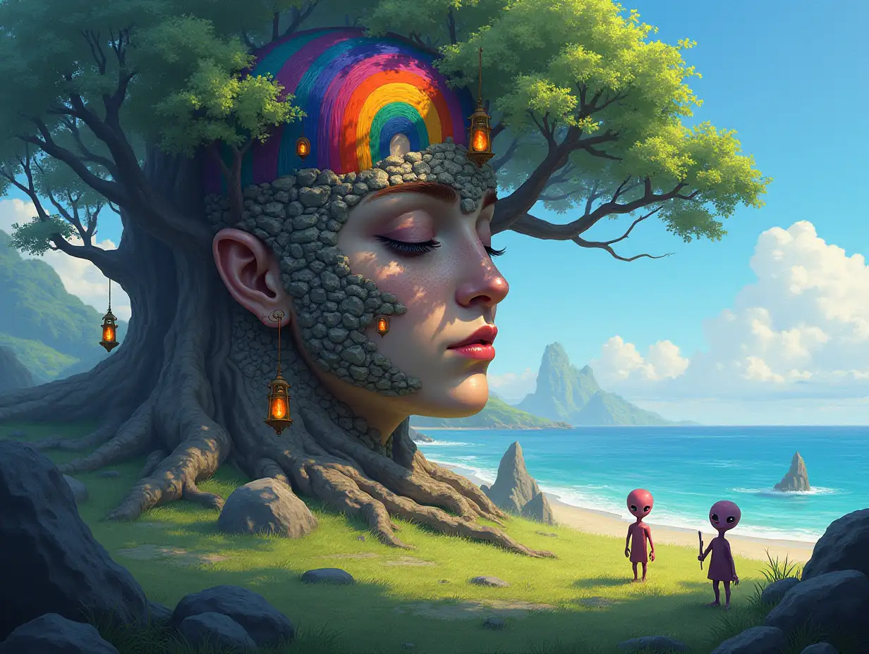 Creating a digital painting transforms a face with rainbow hair into a building with stones and trees with roots and rocks and lanterns by the sea, strange creatures – aliens on a meadow with a rainbow-blue sky