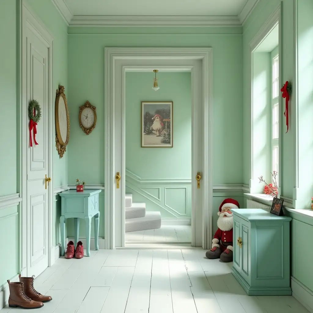 Light green entrance, light blue table, shoes on the floor, white door, Santa decoration in the hallway, stairs with red ribbons, Christmas 1800 century