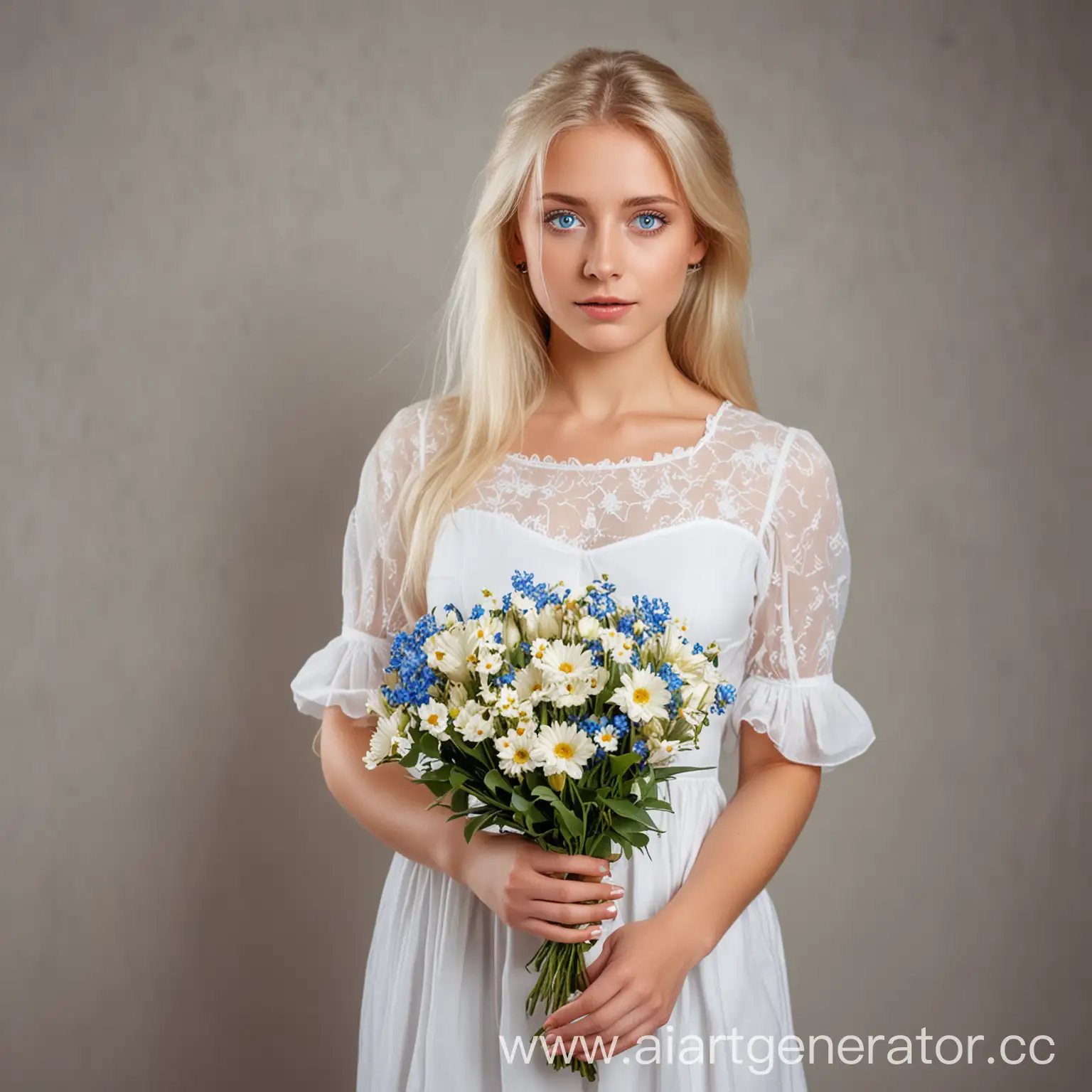 A tall beautiful blonde with blue eyes, dressed wight dress with a buchet of flowers in her hands