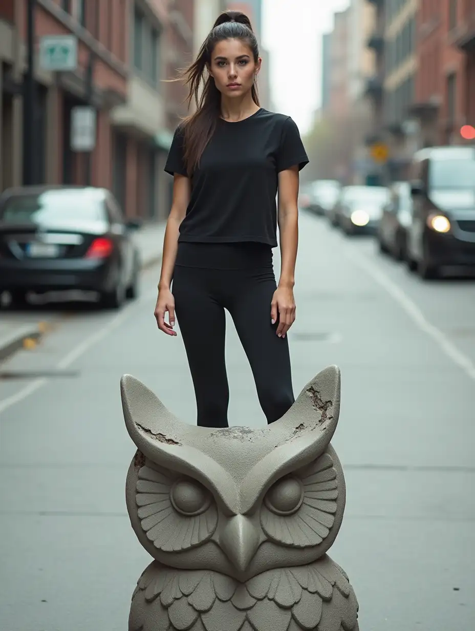 Contemplative-Young-Woman-on-Urban-Owl-Sculpture