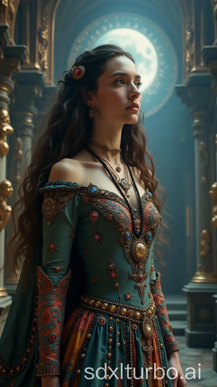 large scale view of a young female moon goddess, very long flowing curly hair, long multicolored adorned dress with colorful magical symbols, mystical necklaces with gems and talismans, magical symbols, inside a baroque theatre with eerie sculptures, enchanting nordic  atmosphere, clear lighting, aerial perspective, intricate costume details, sacred geometry, harmonious composition, idyllic scenery, otherworldly ambiance