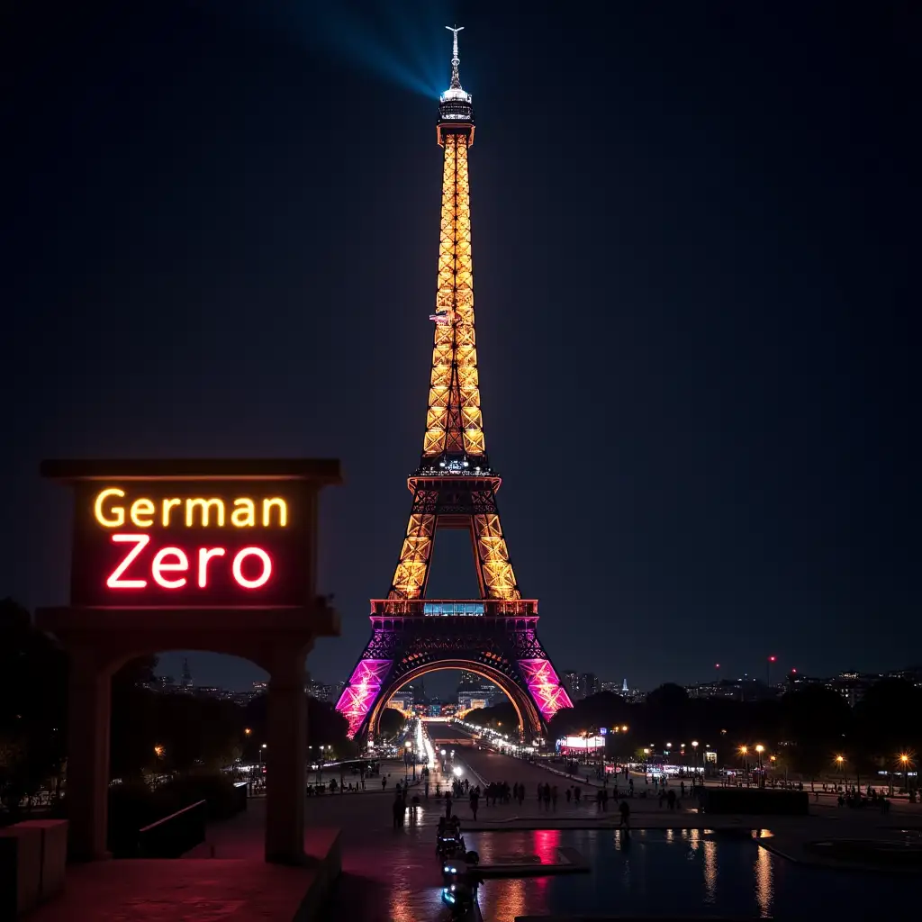 The Eiffel Tower at night with multiple colors neon light, a sign reads 'GermanZero' in yellow neon color, the focus is on the Eiffel Tower, 8K, high color range, 12 bit color depth, realistic 8K, high color range, 12 bit color depth, realistic