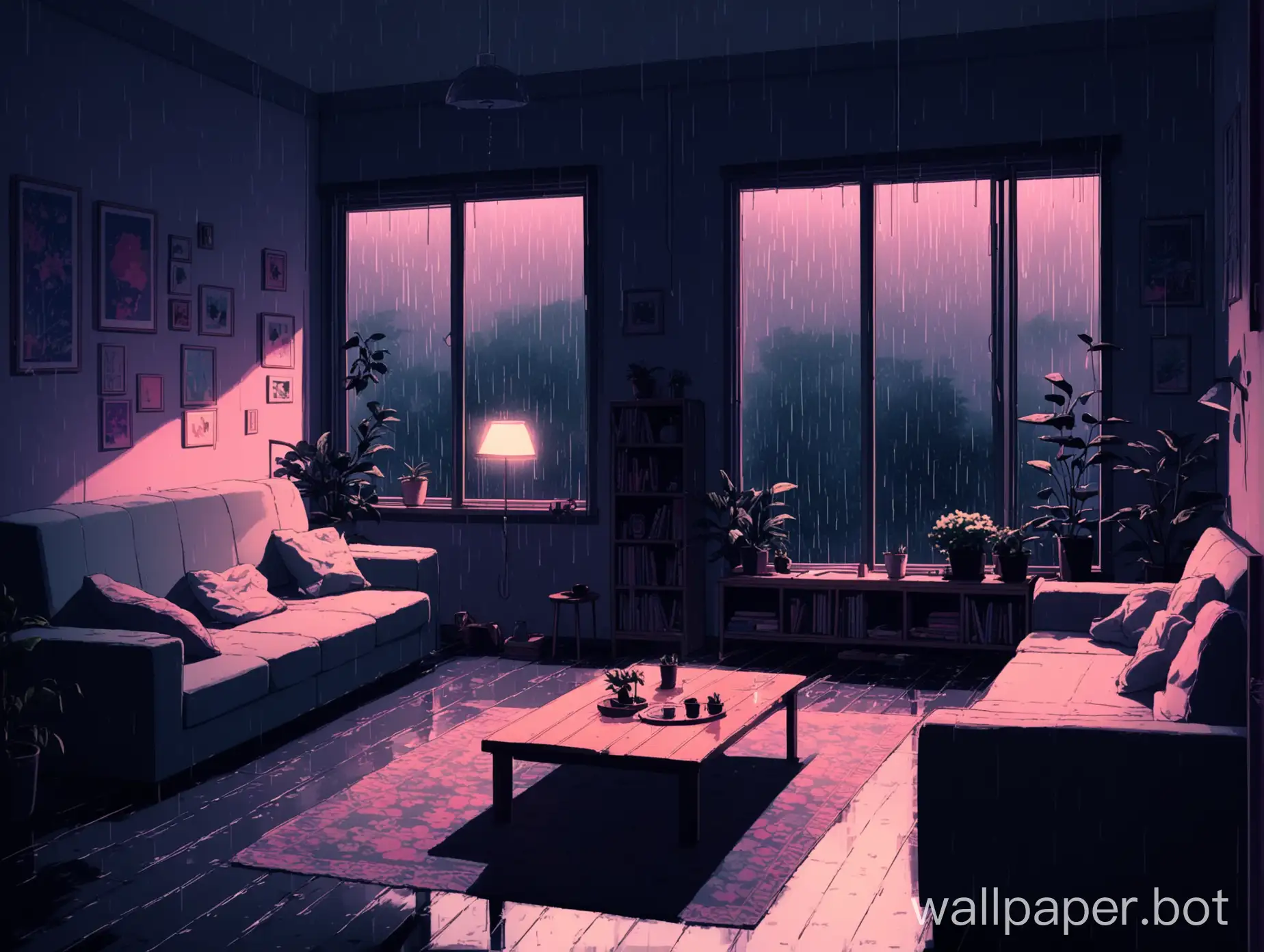 cozy living room with lo-fi vibes and rainy at outside the room, the room a bit dark but have some light, the room have a color pastel.