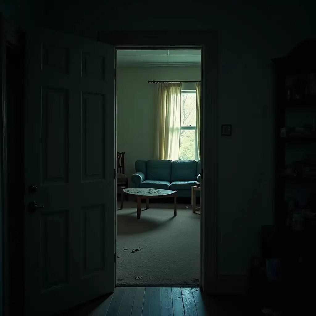 Door to an abandoned, creepy, messy room, with sofa, table, chairs, shelves and side tables, curtains cut, furniture, door to room visible, at night, very dark, cinematic, horror movie.