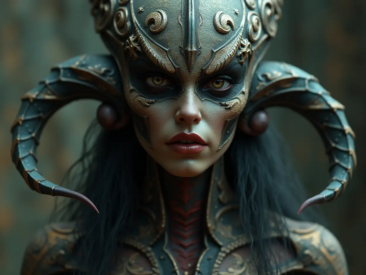 Make it hyperrealistic, dynamic and with ultra-high resolution of 4k: Create an image of Baron MordoMedusa. She should be beautiful and seductive, so that her sight will turn all men into stone