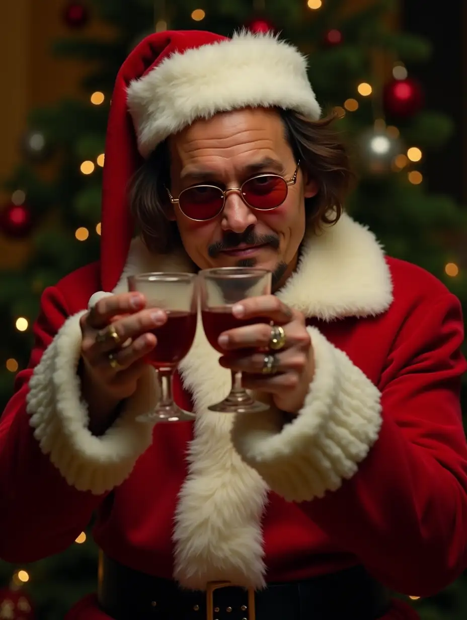 Johnny Depp at 40 years old, dressed as Santa Claus, toasts. In the background, a Christmas tree