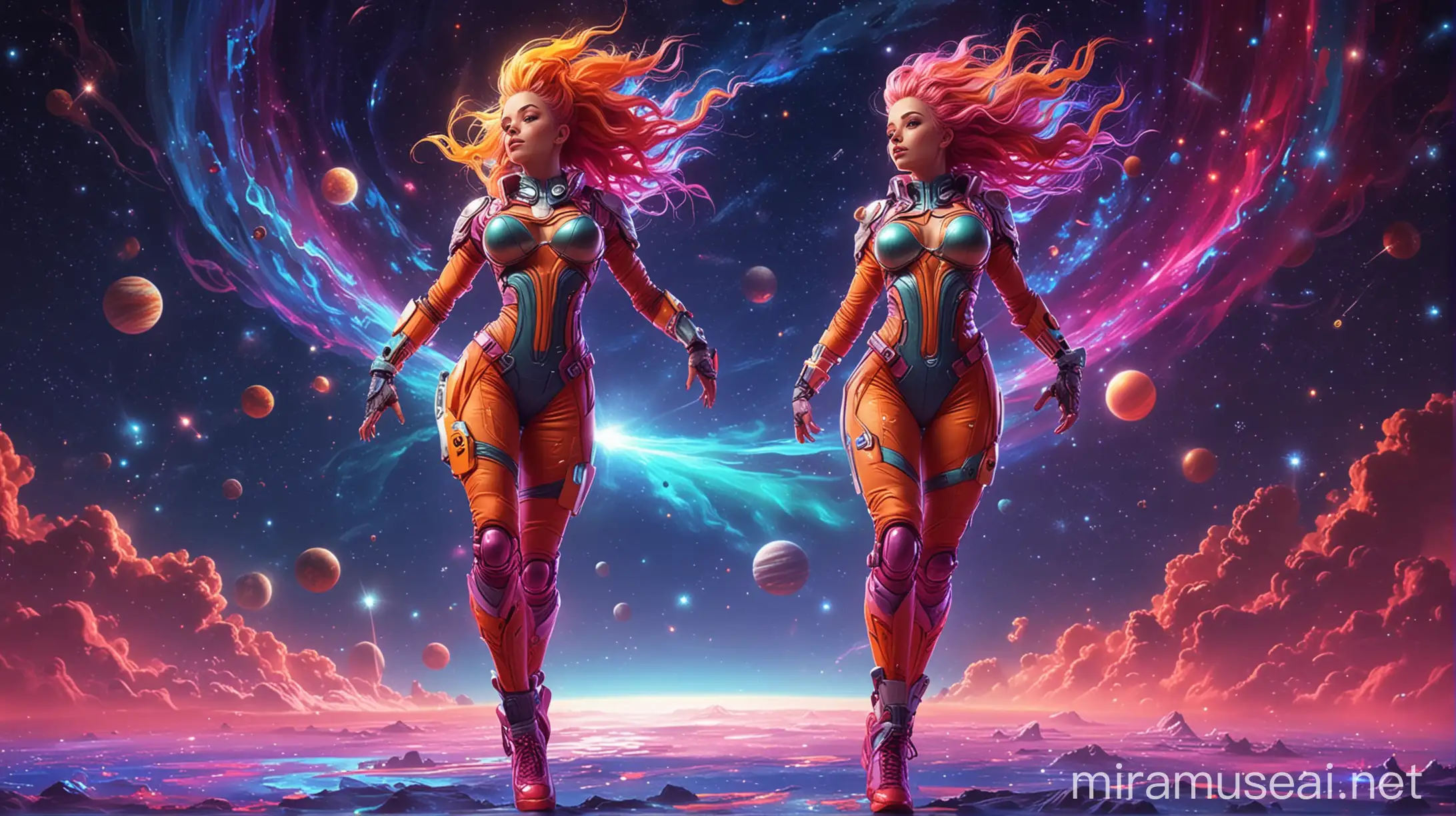 Fitness Dancer in Futuristic Space Suit Against Colorful Night Sky