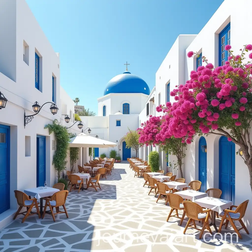 Charming-Santorini-Food-Street-with-Traditional-Cycladic-Architecture-and-Vibrant-BougainvilleSantorini-Restaurant-AI-Imagea