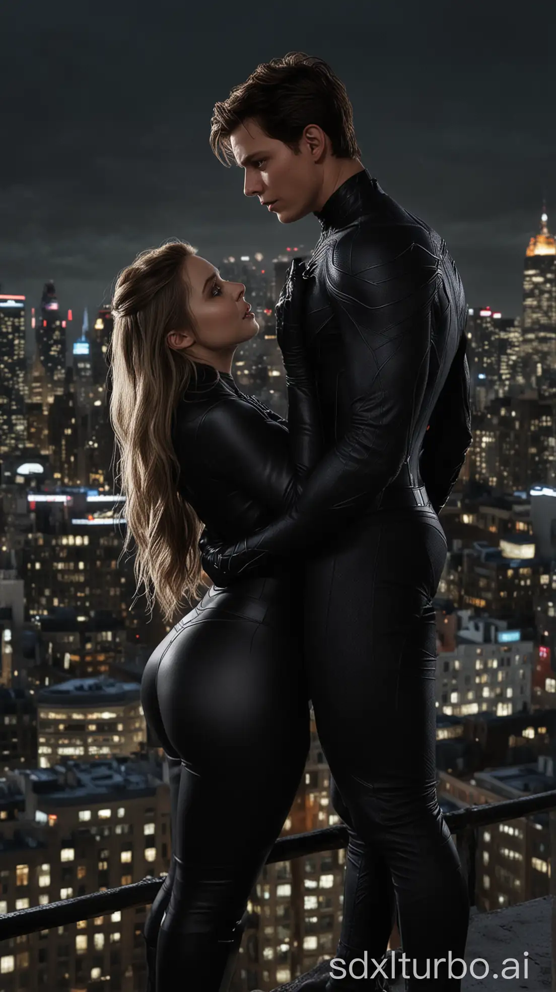 Elizabeth Olsen as marvel black cat, open neck, with Tom Holland's spiderman together, romancing with each other, in night, on top of building, hyper realistic, deep details, dark tone