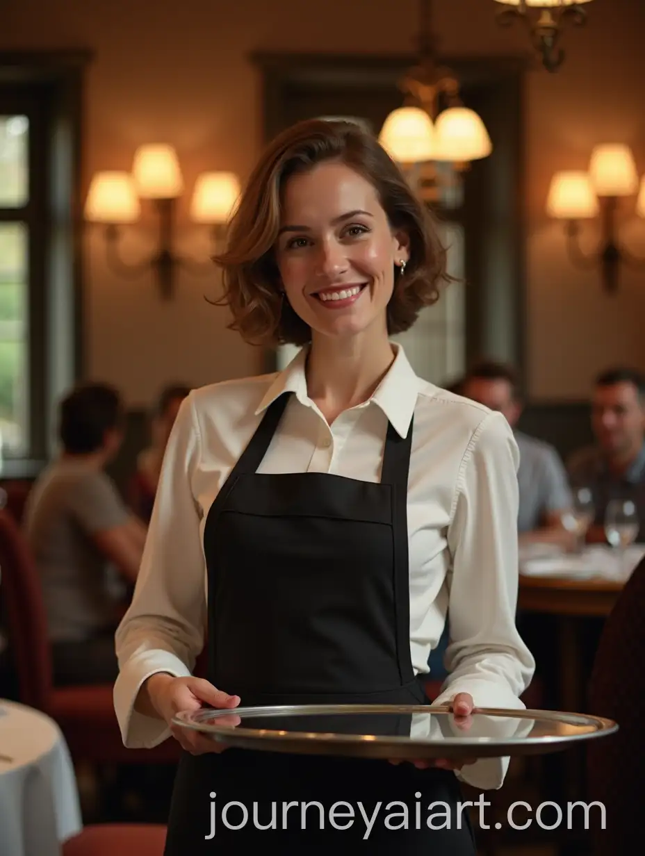 Friendly-Waitress-Smiling-Behind-High-Table-in-Cozy-Restaurant