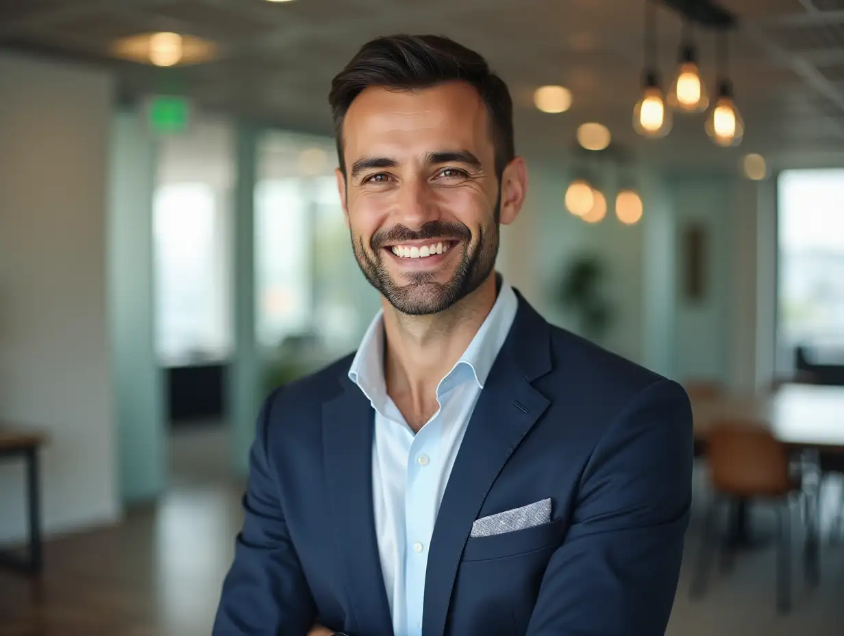 Portrait of confident businessman smiling and offering handshake while standing in meeting room