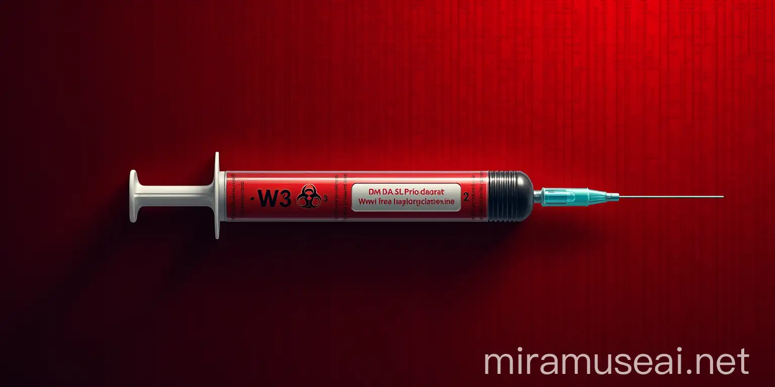 Vector Art of Syringe with WW3 and Biohazard Labels on Deep Red Matrix Background