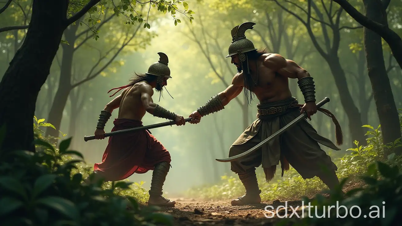 an ancient Javanese warrior fights a Chinese warlord in a forest full of saplings