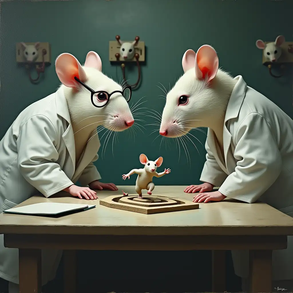 Background - medical laboratory. Two giant white rats in white lab coats leaned over the table. They look at the table with interest. One rat writes something in a notebook, and there are glasses on the snout of another one. On the table is a high labyrinth, inside which a tiny man runs in horror, only the upper part of his torso is visible above the maze. In the background, three rats in white coats work with some devices. Oil painting.