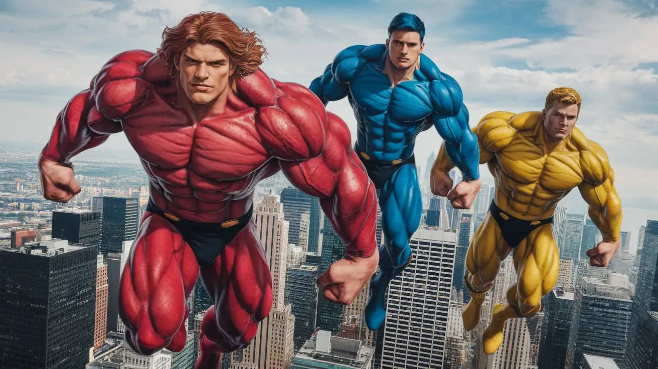 Three-Godlike-Muscle-Superhumans-Flying-Over-a-City-in-a-Photorealistic-Scene