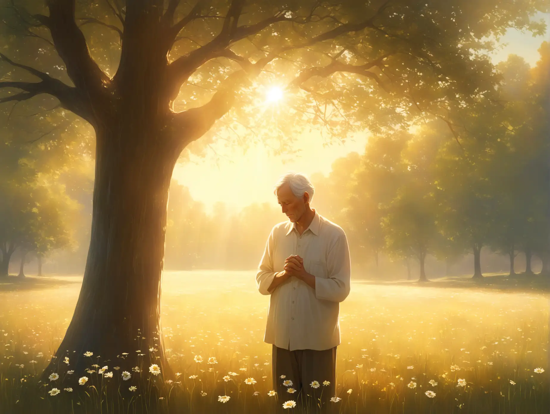 Older-Man-Reflecting-in-Sunlit-Meadow-with-Dreamlike-Image-of-a-Young-Child