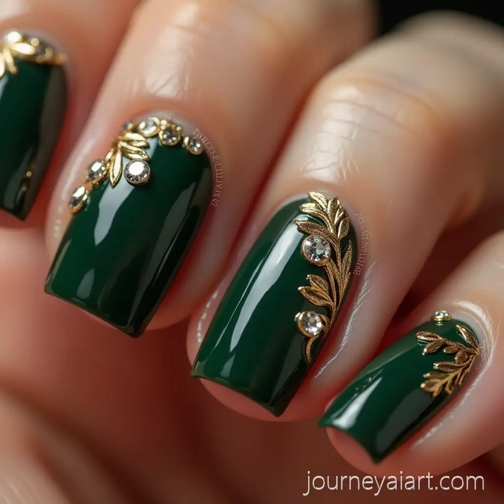 AutumnAutumn-Nail-Art-DesignInspired-Nail-Art-with-Dark-Green-Rhinestones-and-Gold-Accents