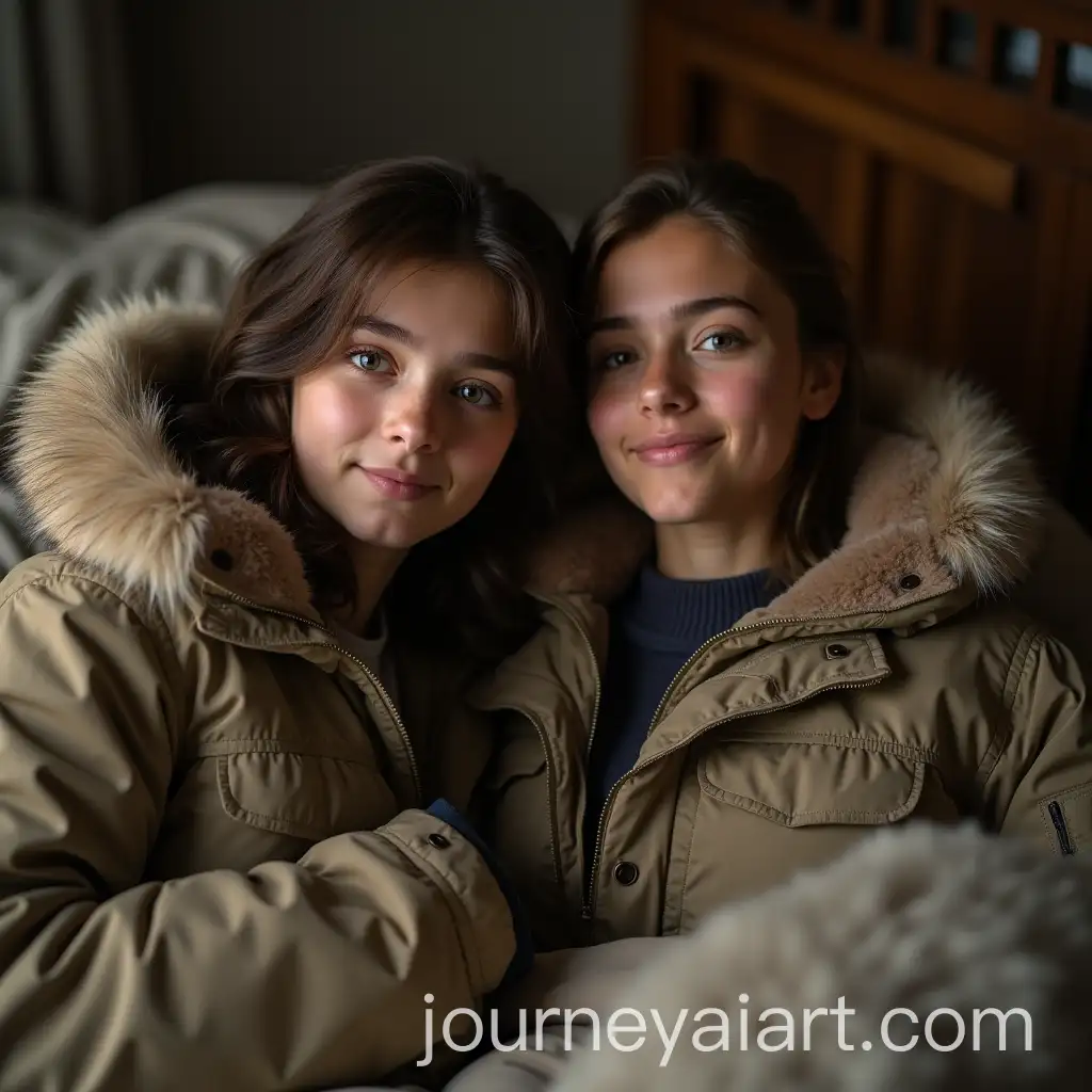 Two-Young-Women-in-Khaki-Parka-Jackets-Relaxing-in-a-Sleeping-Bag-in-a-Cozy-Room