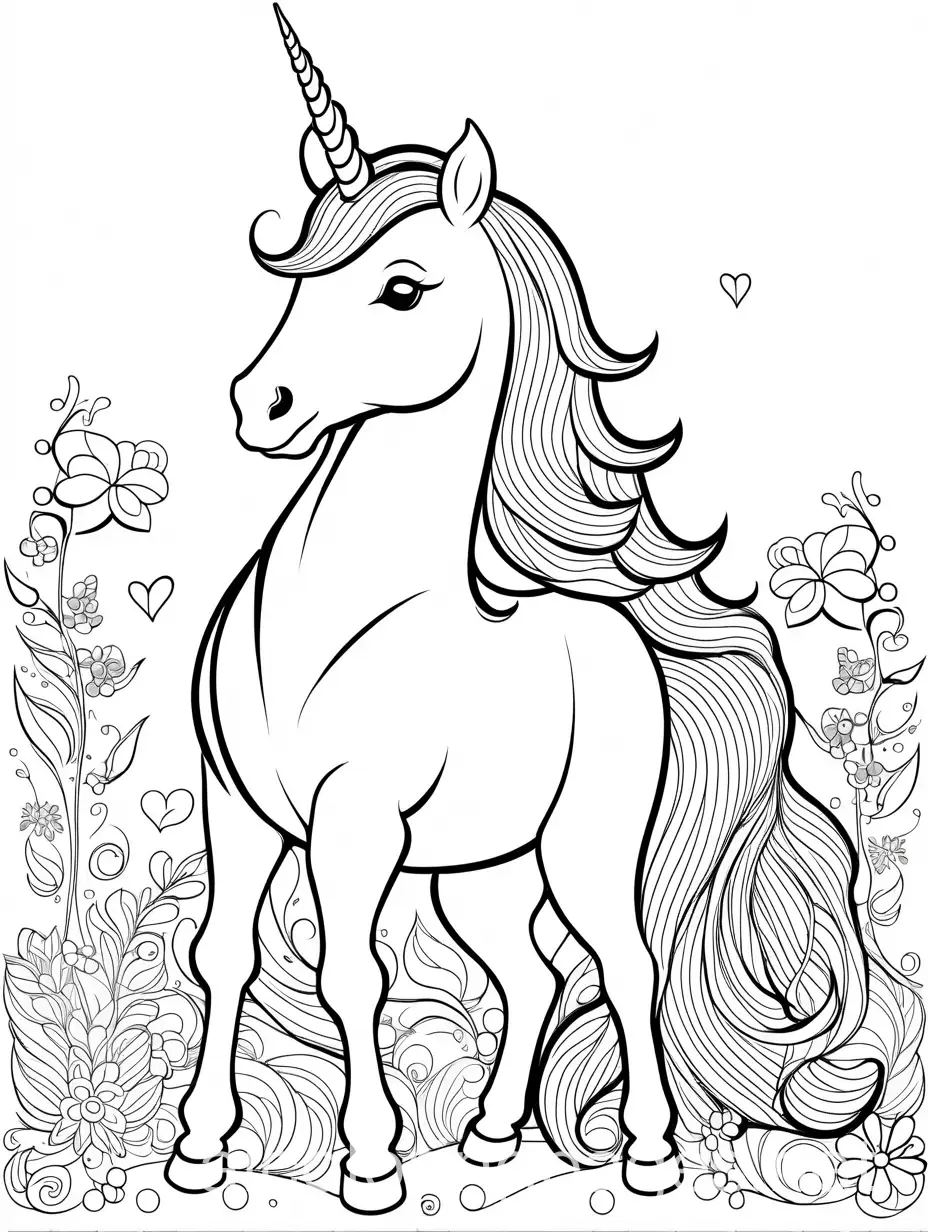 Unicorn, Coloring Page, black and white, line art, white background, Simplicity, Ample White Space. The background of the coloring page is plain white to make it easy for young children to color within the lines. The outlines of all the subjects are easy to distinguish, making it simple for kids to color without too much difficulty