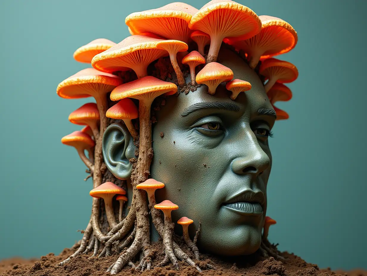 Face transformed into building with colorful mushroom roots