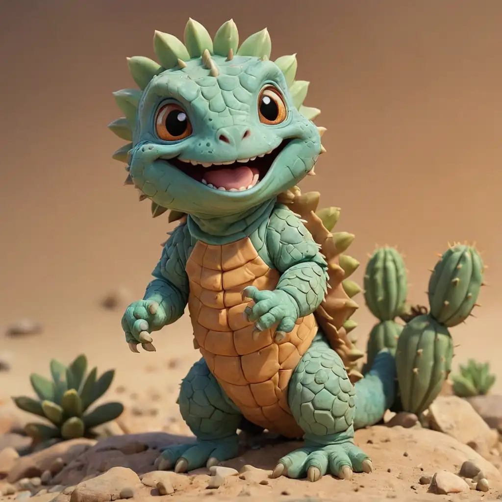 Cartoon Uromastyx with Smiling Cactus Happy Reptile and Plant Illustration