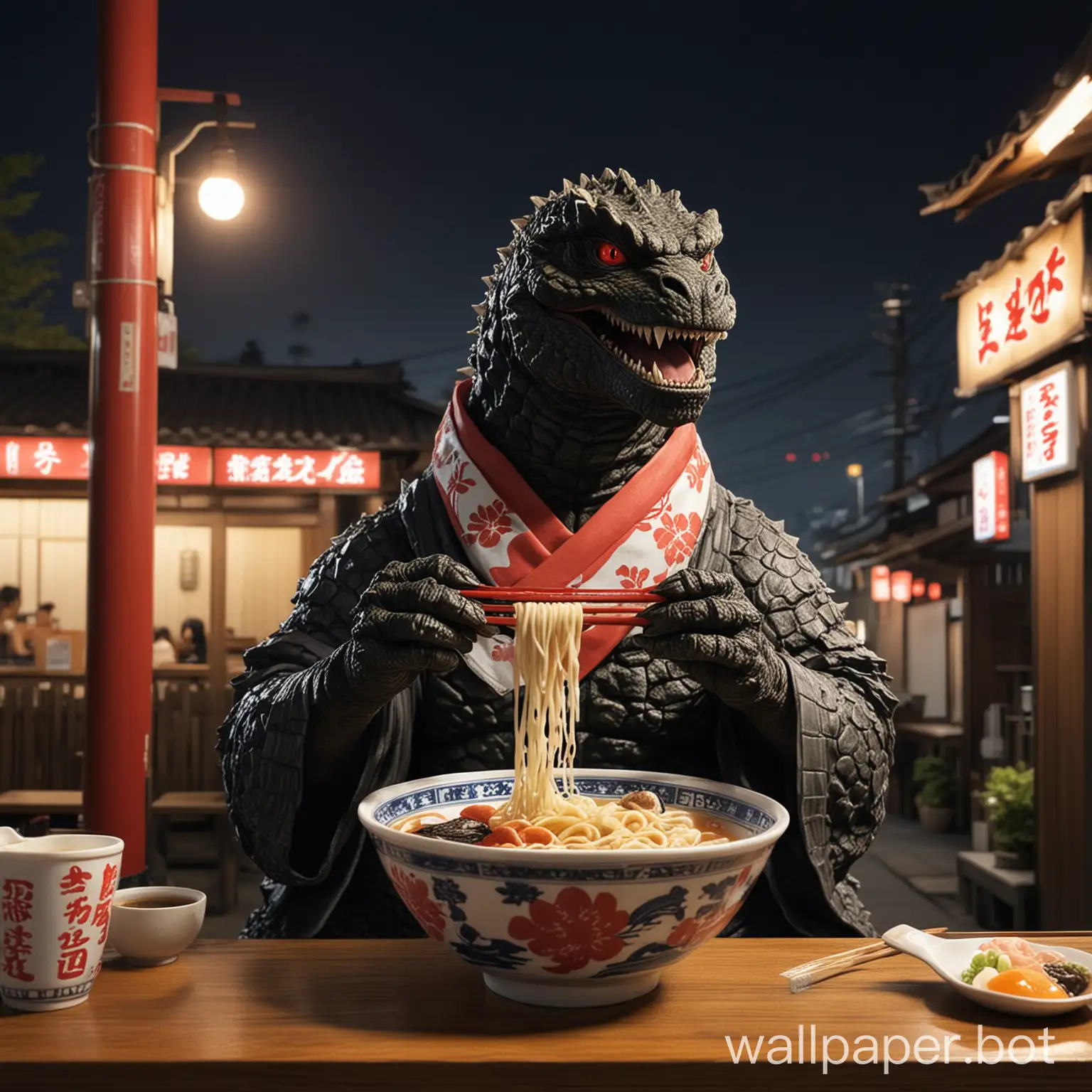 godzilla wearing a hachimaki bandana eating a bowl of ramen at a japanese ramen stand at night