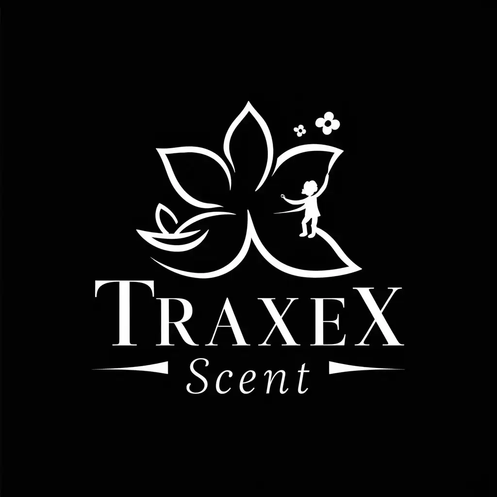 LOGO Design for Traxex Scent Flower and Child with Happy Vibes on Black Background for Beauty Spa Industry