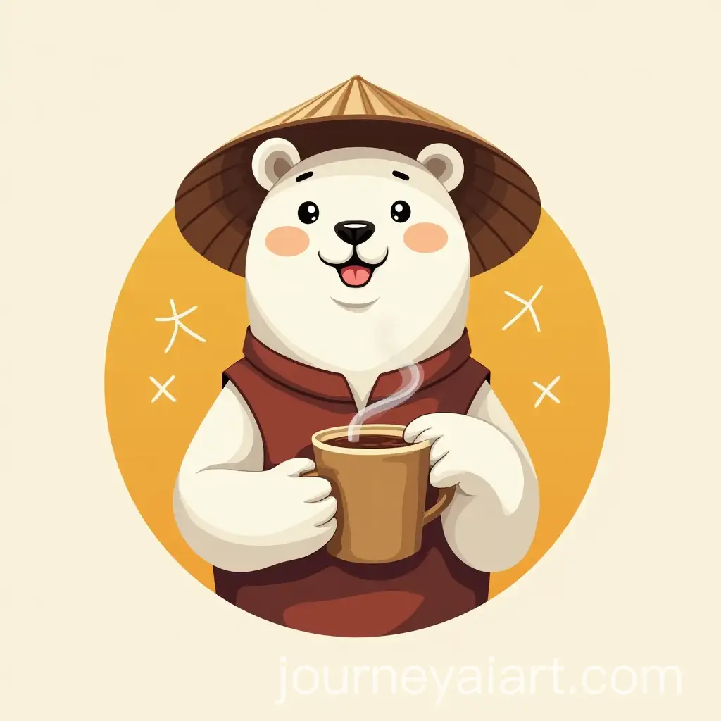 Vietnamese-Cafe-Logo-Featuring-Stylized-White-Russian-Bear-with-Traditional-Attire-and-Coffee