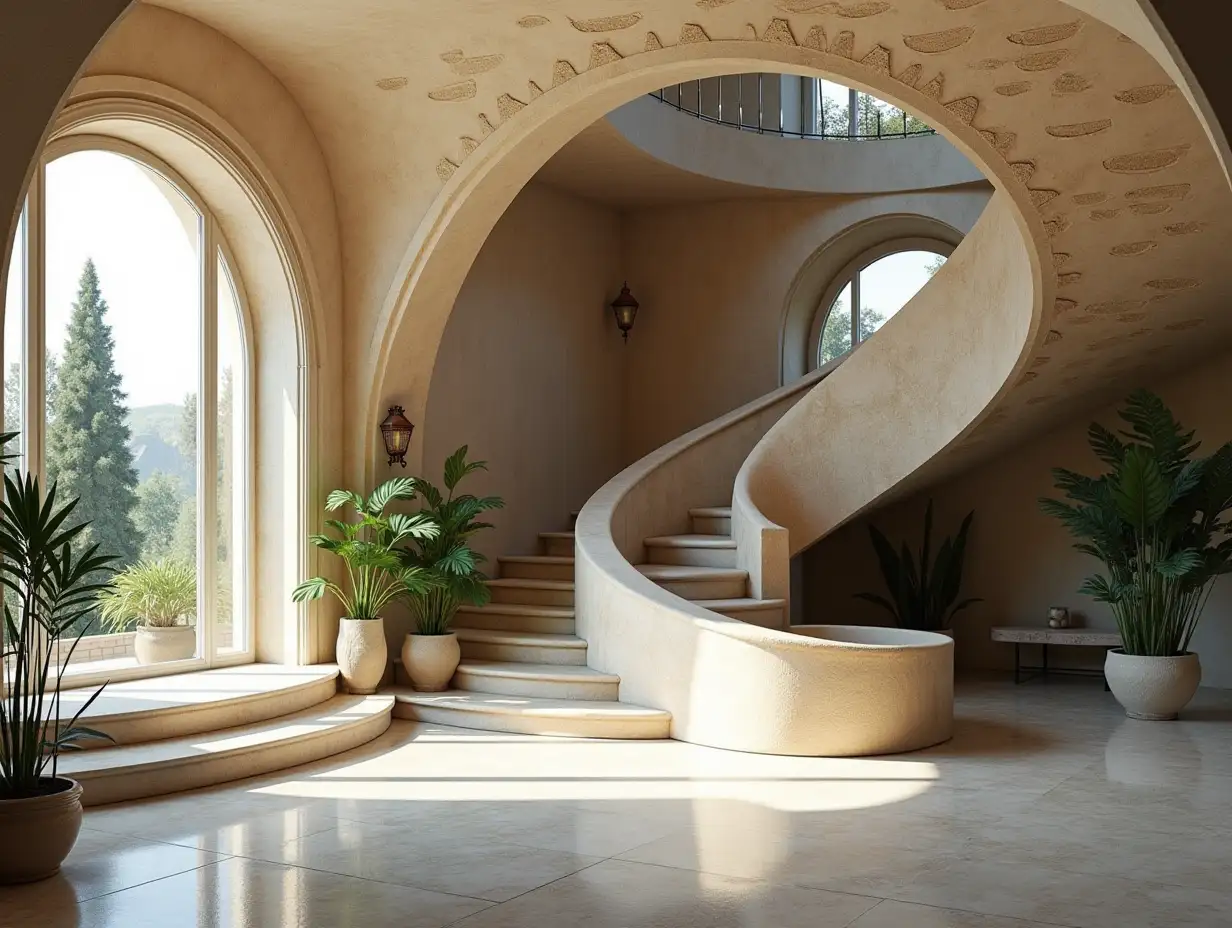 crooked house living room Plant decoration with stucco in the form of plant ornaments, large windows with glass closed, curved, smooth window shapes, winding grand entrance stairs made of marble Complex curved roof with dike,Lanterns,Bench,and a woman 