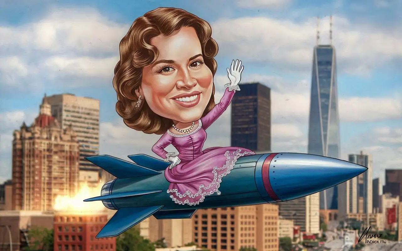 a caricature of a beautiful woman, with social clothes, flying, mounted on a missile, smiling and waving to the people