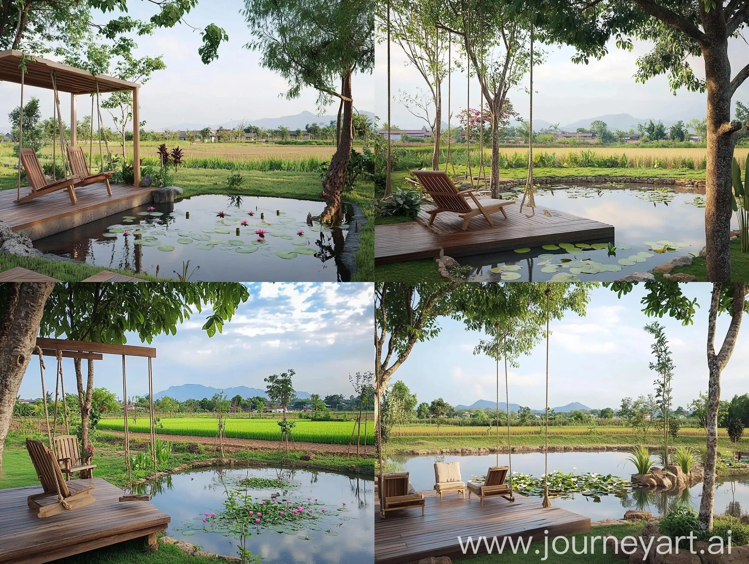 Tranquil-Swing-Area-Overlooking-Pond-with-Lush-Rice-Fields