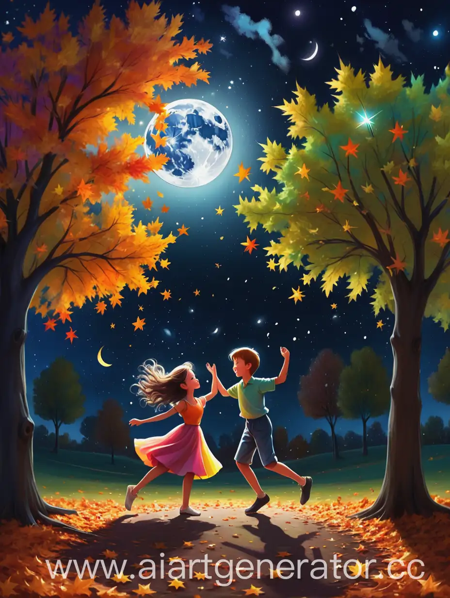 the moon is very bright, the stars are colorful, the wind is blowing the leaves of the trees on the ground, a boy and a girl are dancing under a tree