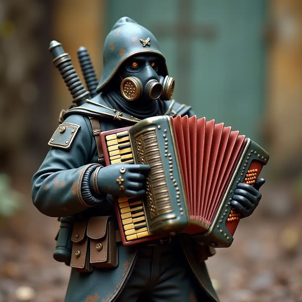 A Death Korps of Krieg infantry miniature model wearing a gas mask and looking insane while playing an accordion