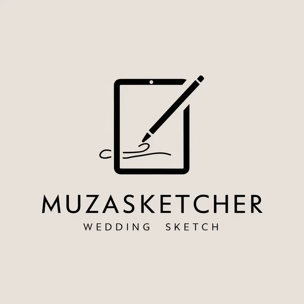 a vector logo design,with the text "Muzascketcher", main symbol:Tablet and stylus,Minimalistic,be used in Wedding sketch illustrator industry,clear background