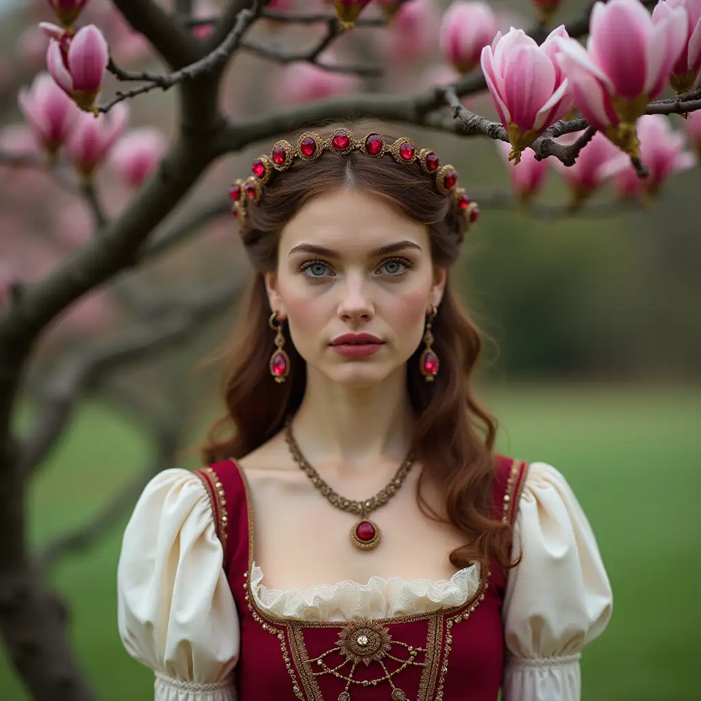 Princess with ruby earrings, in a medieval dress, under a magnolia tree 50-mm shot,