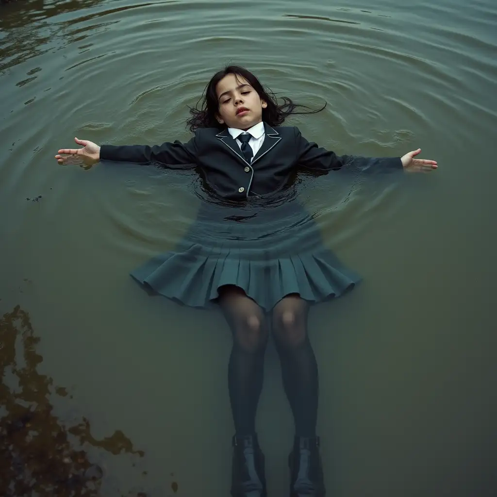 A young schoolgirl in a school uniform, in a skirt, jacket, blouse, dark tights, high-heeled shoes. She is swimming in a dirty pond, lying under water, all her clothes are completely wet, wet clothes stick to her body, the whole body is under water, submerged in water, under the surface of the water, below the water's edge.