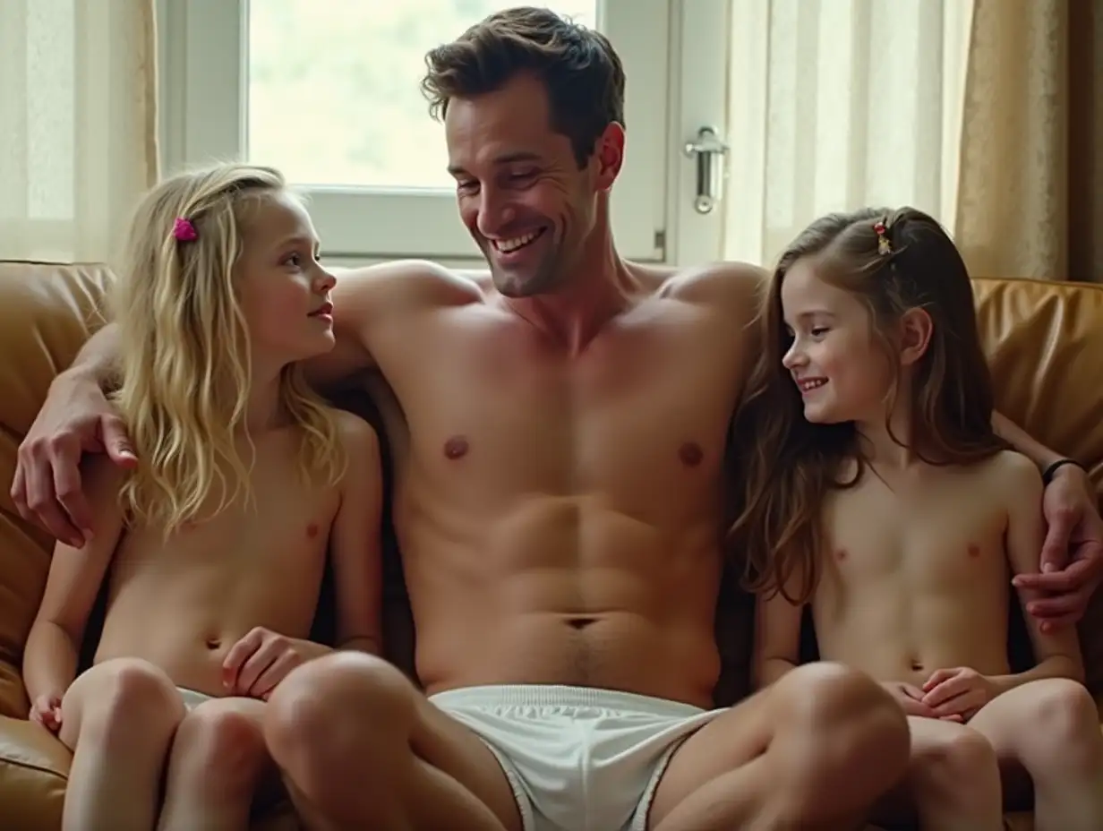 Father-and-Two-Daughters-Relaxing-on-Leather-Couch-by-Window