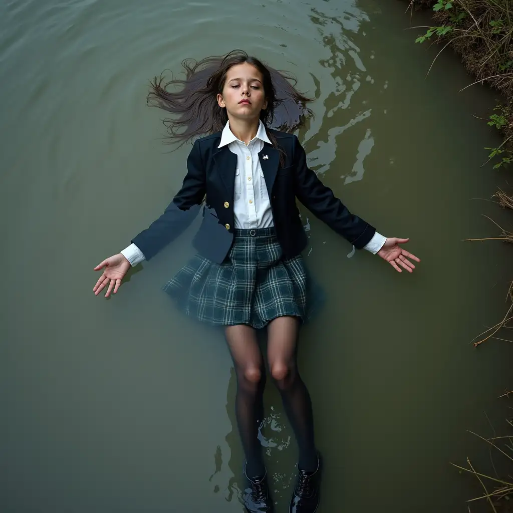 A young schoolgirl in a school uniform, in a skirt, jacket, blouse, dark tights, high-heeled shoes. She is swimming in a dirty pond, lying under water, all her clothes are completely wet, wet clothes stick to her body, the whole body is under water, submerged in water, under the surface of the water, below the water's edge.