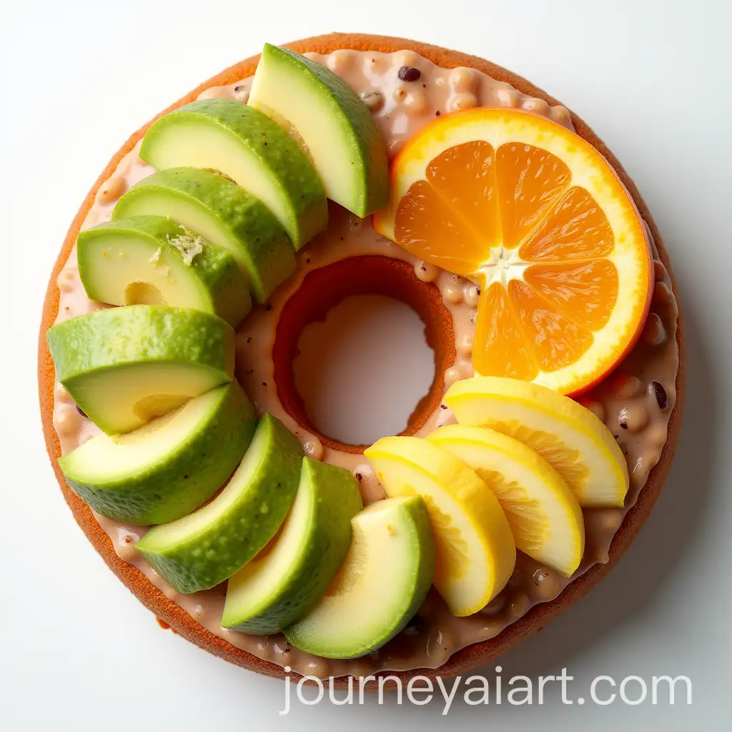 Vegan-Donut-with-Organic-Fruits-like-Bananas-Avocados-and-Oranges-TopDown-Food-Photography