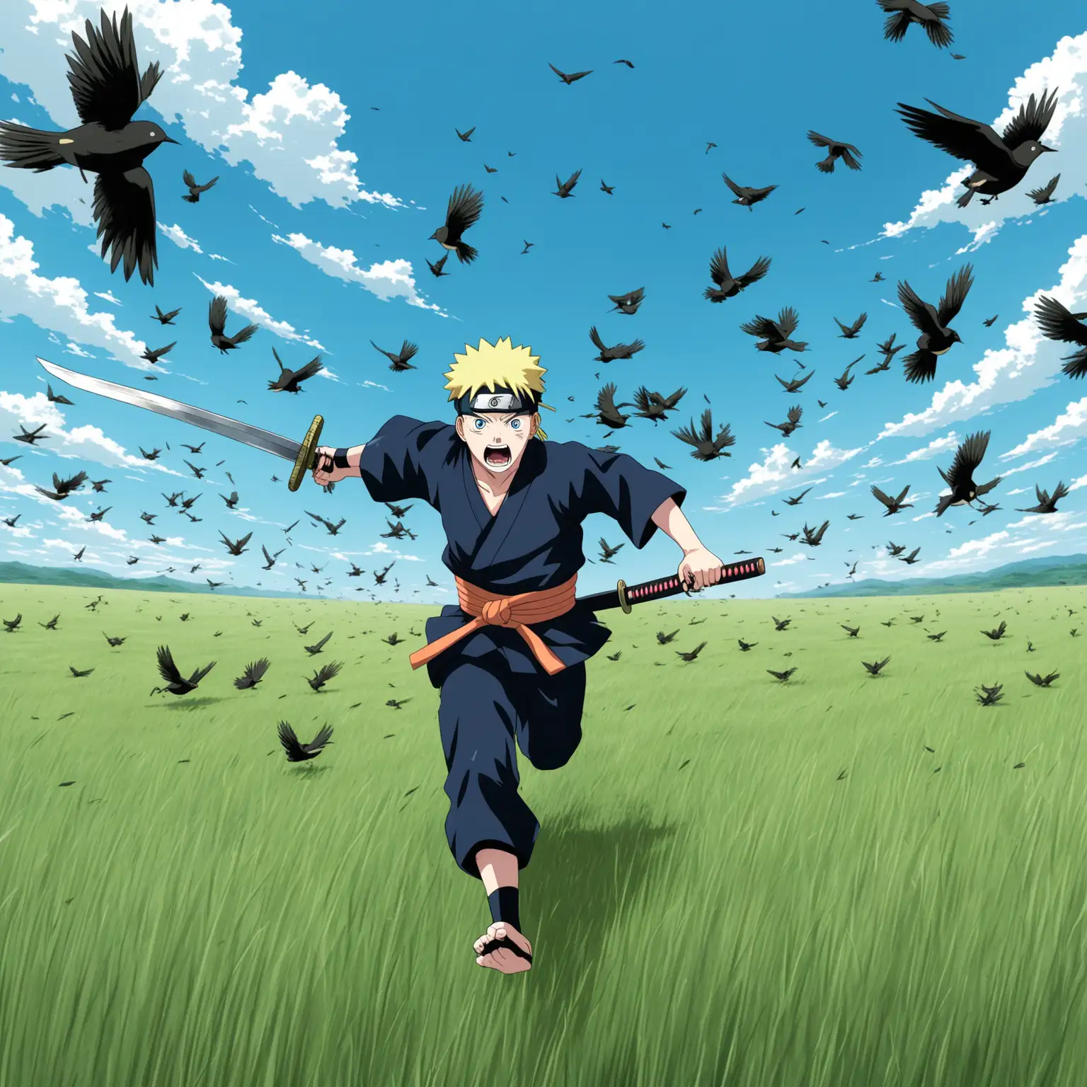 Se sosok  naruto sedang menenteng pedang samurai di tangannya sedang berlari kencang dan berteriak di padang rumput yang luas latar belakang langit biru yg luas burung burung berterbangan dan hembusan angin