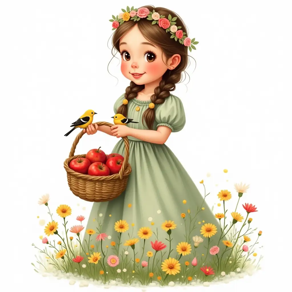 A young girl with fair skin and long brown hair, braided, decorated with a flower crown. Her expressive, big brown eyes look gently forward, and her smile radiates happiness. She is wearing a light full-length princess-style dress, the color of sage, richly decorated with many flowers: roses, yellow dandelions, daisies and other inflorescences. The colors are bright and cheerful, the fabric of the dress seems smooth and flowing. She holds a basket filled to the brim with red apples. Two cuckoo birds are visible on the sides of it. The snow-white background highlights the girl's figure and floral decorations. The overall style is a classic children's illustration.