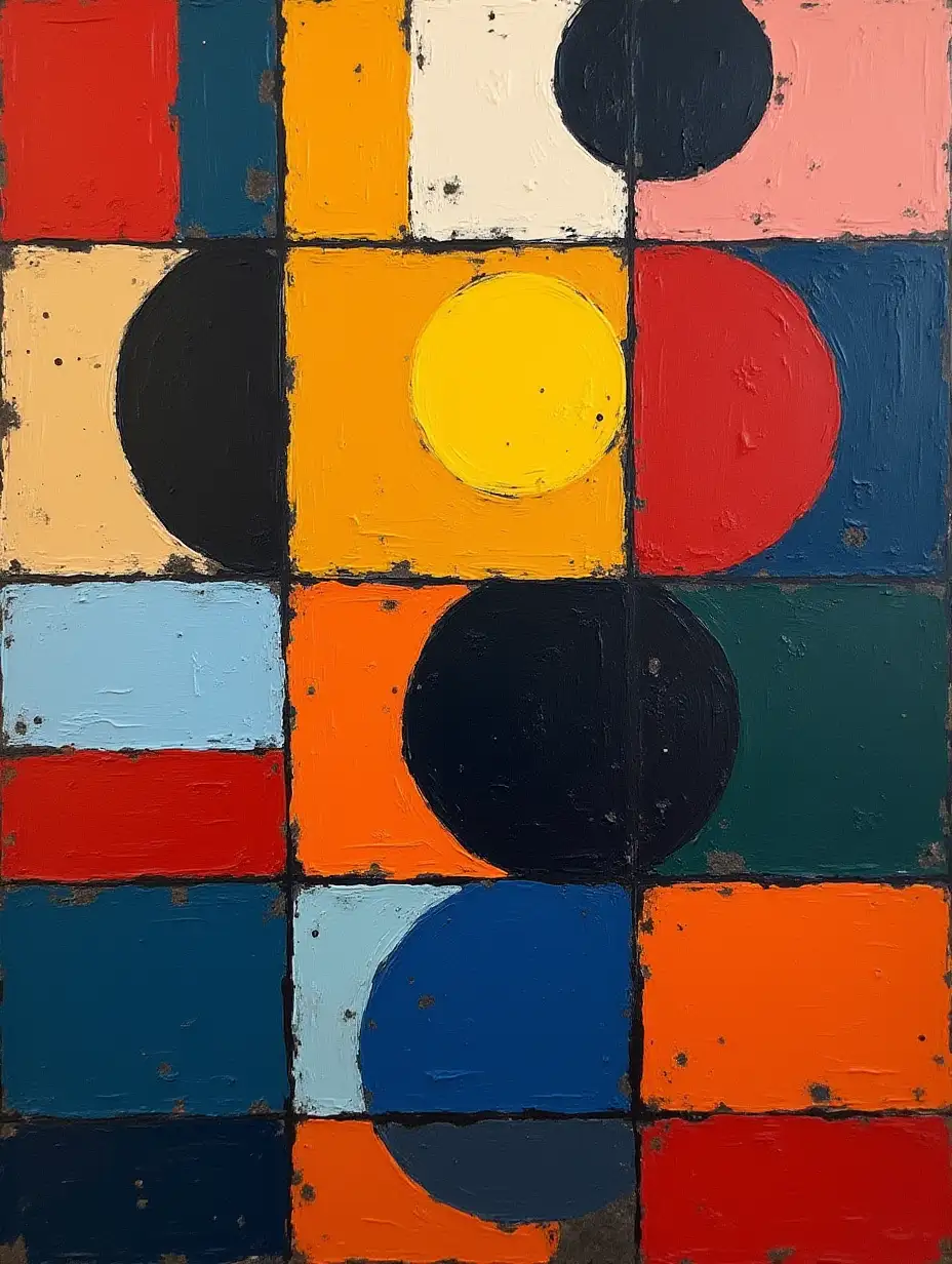 user_prompt: A grid painting in the style of Kandinsky, Malevich, minimalism, simplified for a beginner artist with acrylics many colors, constructivism abstractionism, darkened