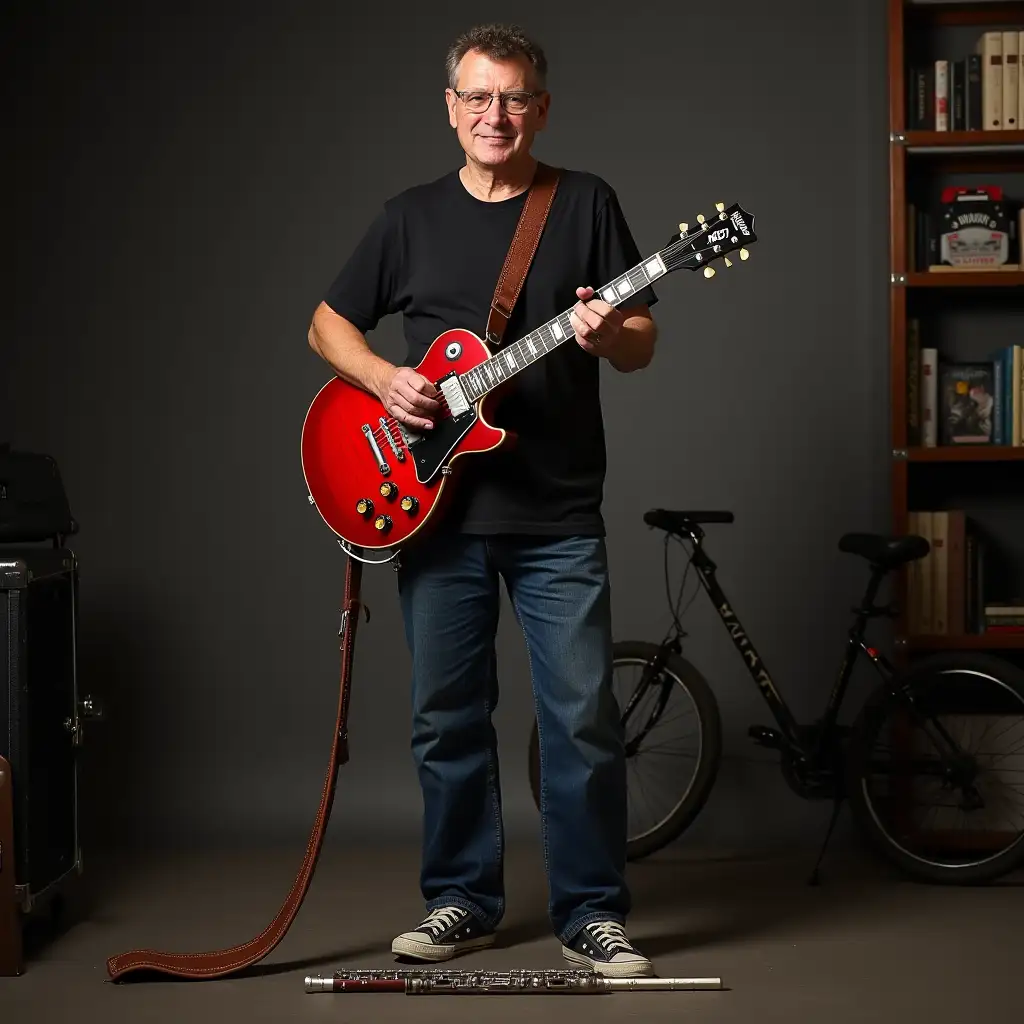 56 year old man, normal build, brown short hair, blue eyes, 185 cm tall, 85 kg, in Jeans and black snooopy T-Shirt and sneakers. As accessories: A red Gibson Les Paul guitar, a flute, a bookcase, a bicycle