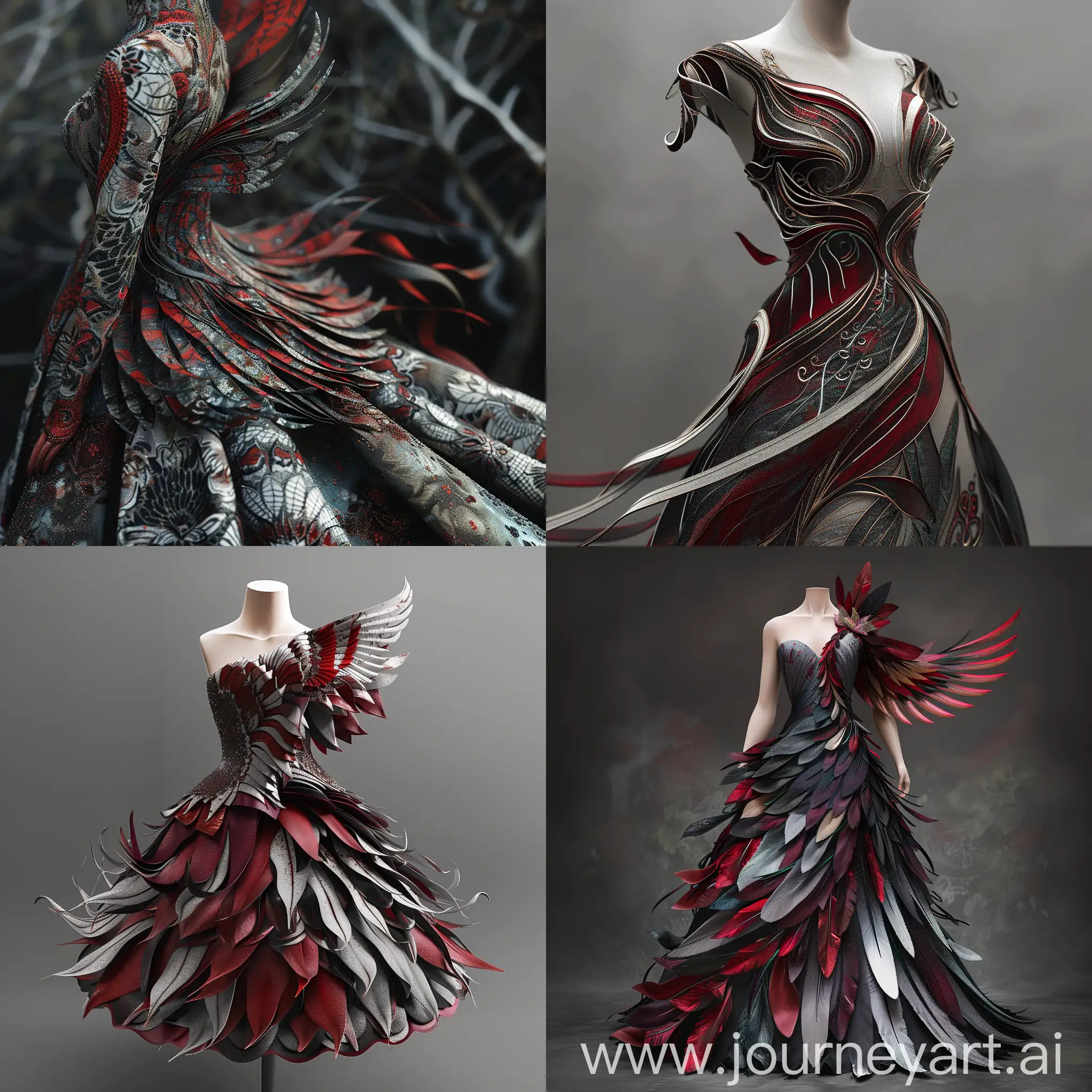 Avian-Inspired-Gray-and-Maroon-Bird-Dress-Design