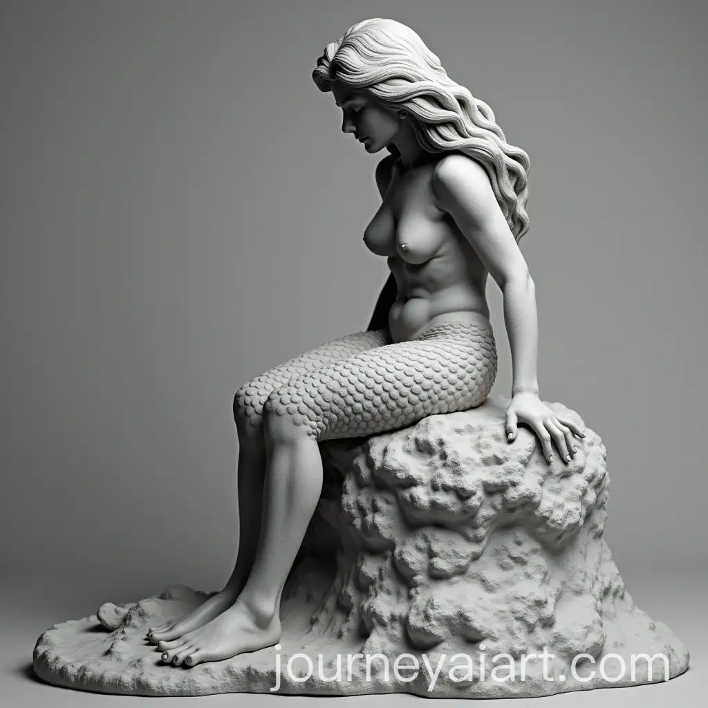 Greyscale-Bas-Relief-of-Mermaid-Sitting-on-Rock