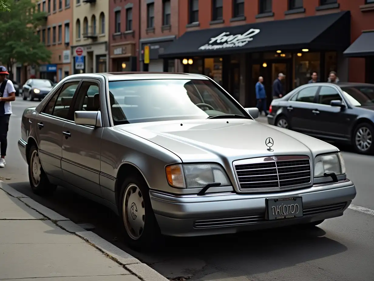 mercedes W140 silver color, located in Brooklyn. Nearby a car is staying a gangsta rapper 50 cent