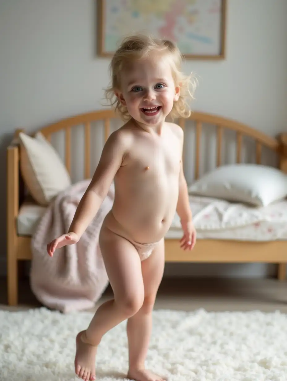 Skinny-Little-Girl-Dancing-on-Rug-in-Playroom-with-Daybed-and-Fluffy-Pillows